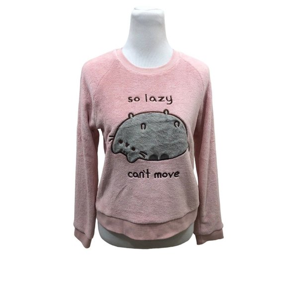 Pusheen Tops - Pusheen Fuzzy Sweatshirt Pink So Lazy Can't Move Pullover